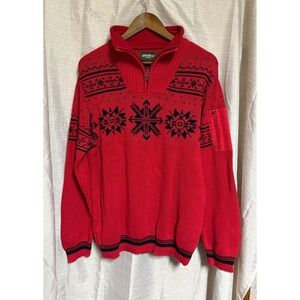 Eddie Bauer Men's Red Cotton Nordic Snowflake Quarter Zip Pullover Sweater Large